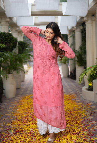 Mehrun women watermelon pink chikankari Viscose kurta