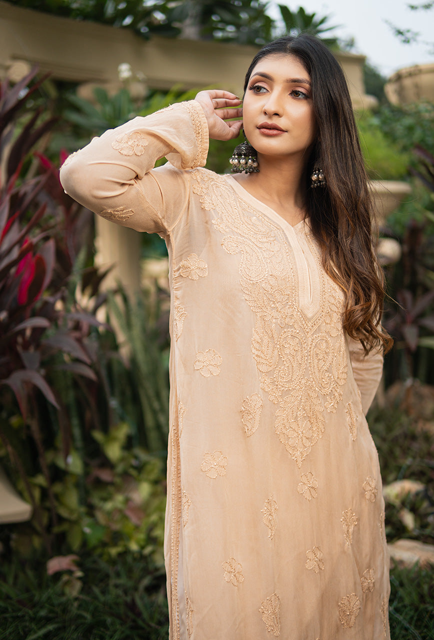 Mehrun women beige chikankari Viscose kurta