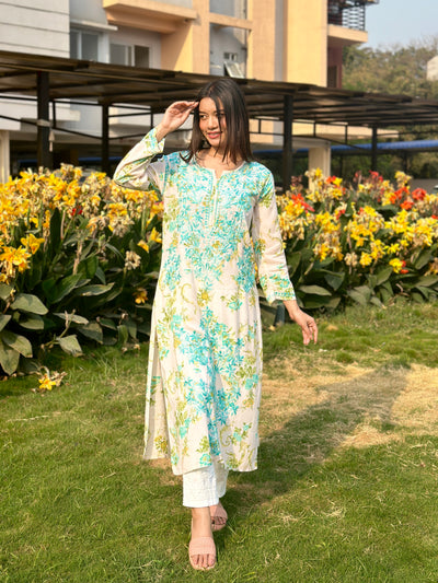 Kainaat women teal chikankari modal kurta