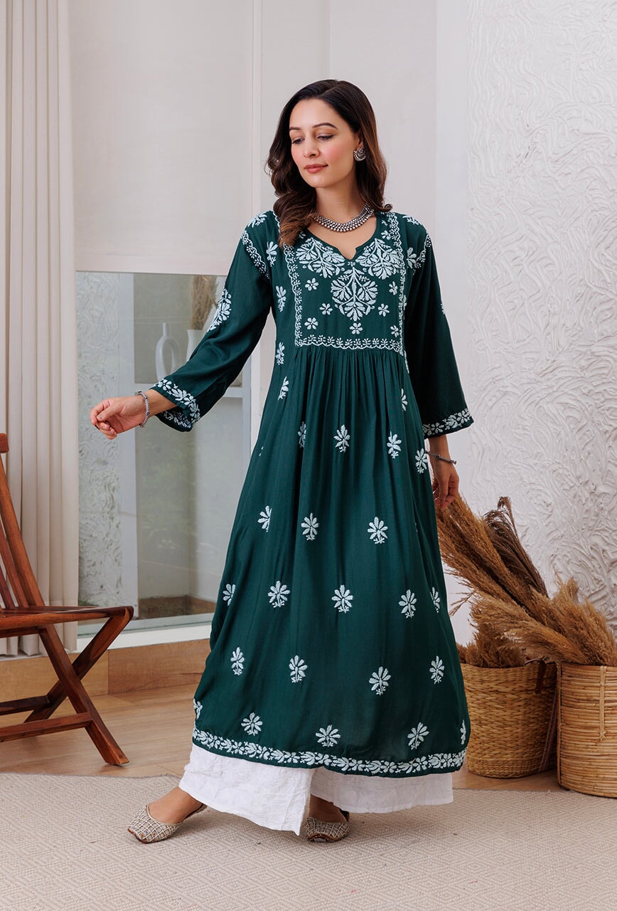 Zainat rayon gown RangrezEthnic Bottle green XS 