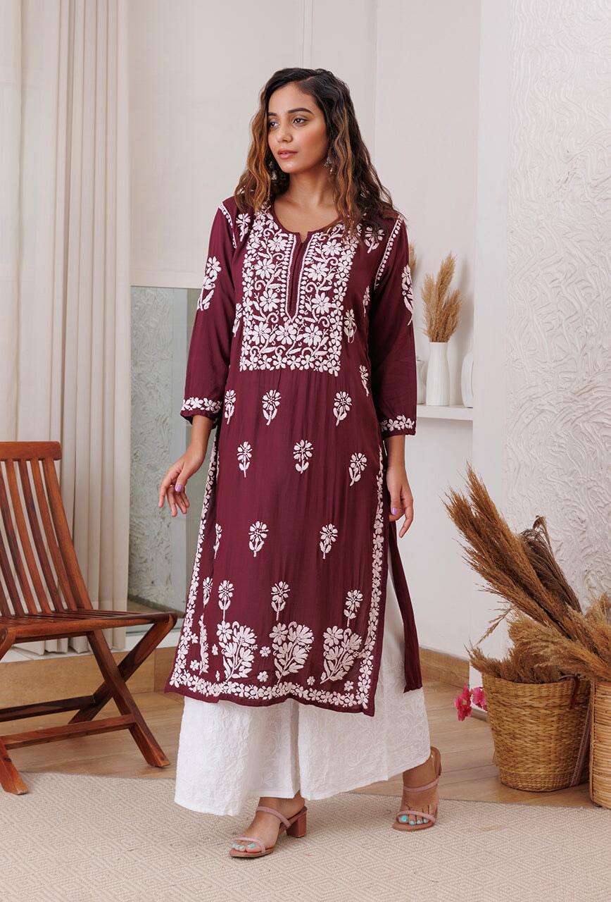 Zarah chikankari Modal kurta RangrezaEthnic Maroon XS 