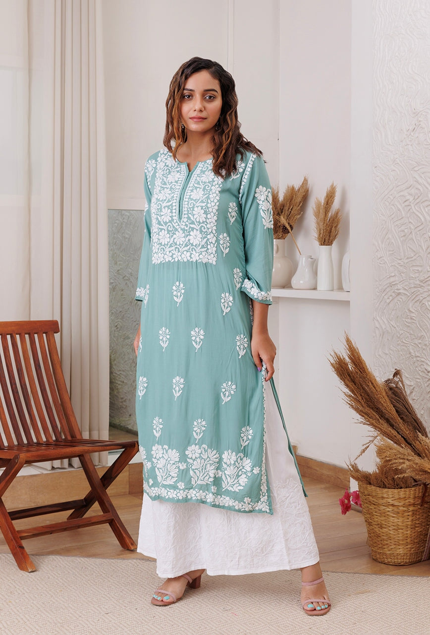 Zarah chikankari Modal kurta RangrezaEthnic Teal XS 