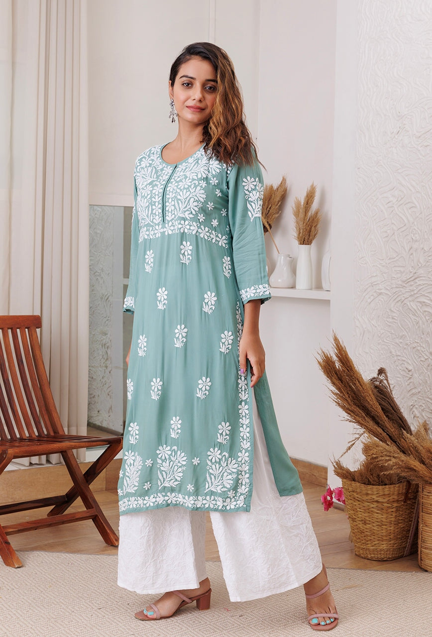 Lolita chikankari Modal kurta RangrezaEthnic Teal XS 