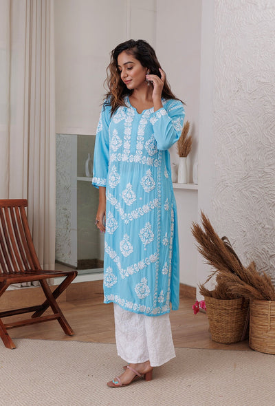 Sunehri chikankari Modal kurta RangrezaEthnic Pastel blue XS 