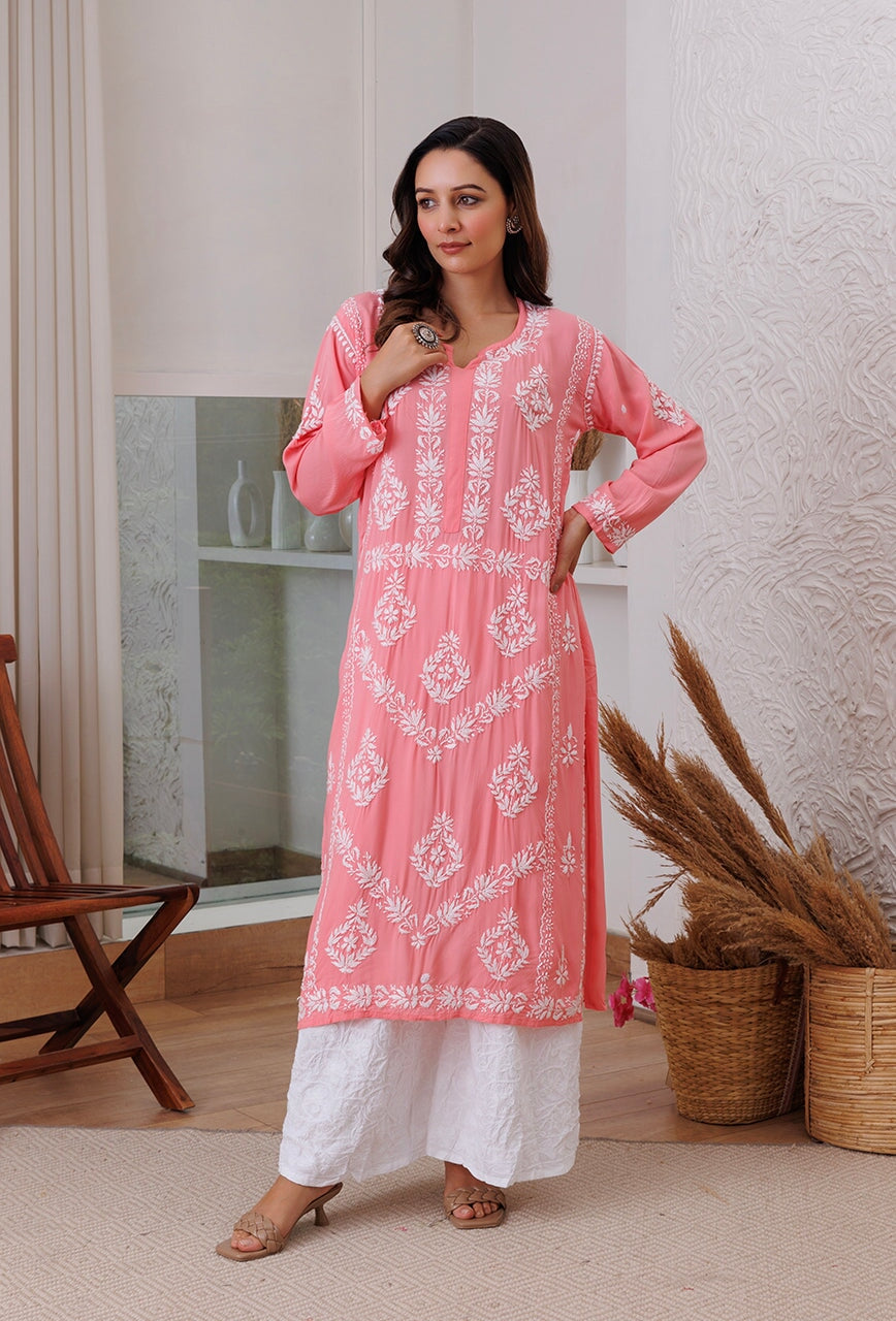 Zadia chikankari Modal kurta RangrezaEthnic Peach XS 