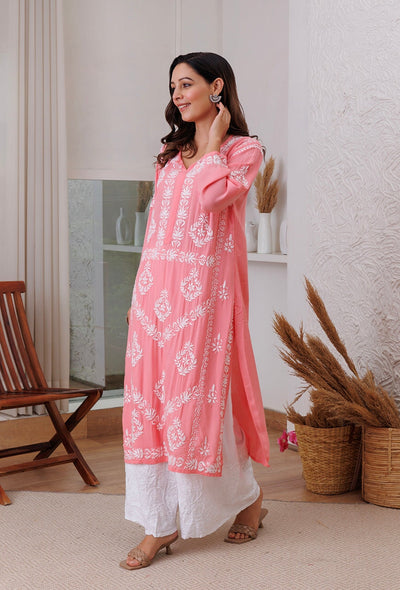 Sunehri chikankari Modal kurta RangrezaEthnic Peach XS 