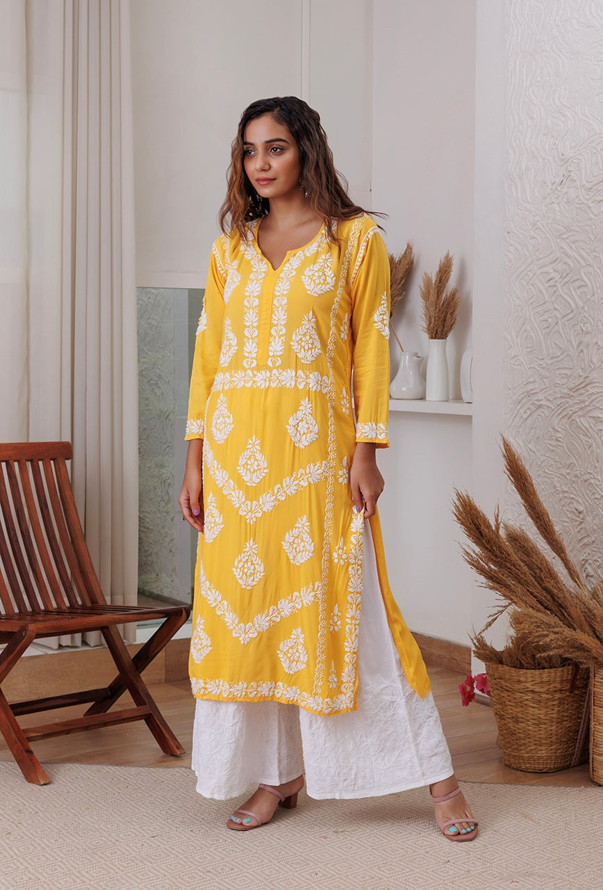 Zadia chikankari Modal kurta RangrezaEthnic Yellow XS 