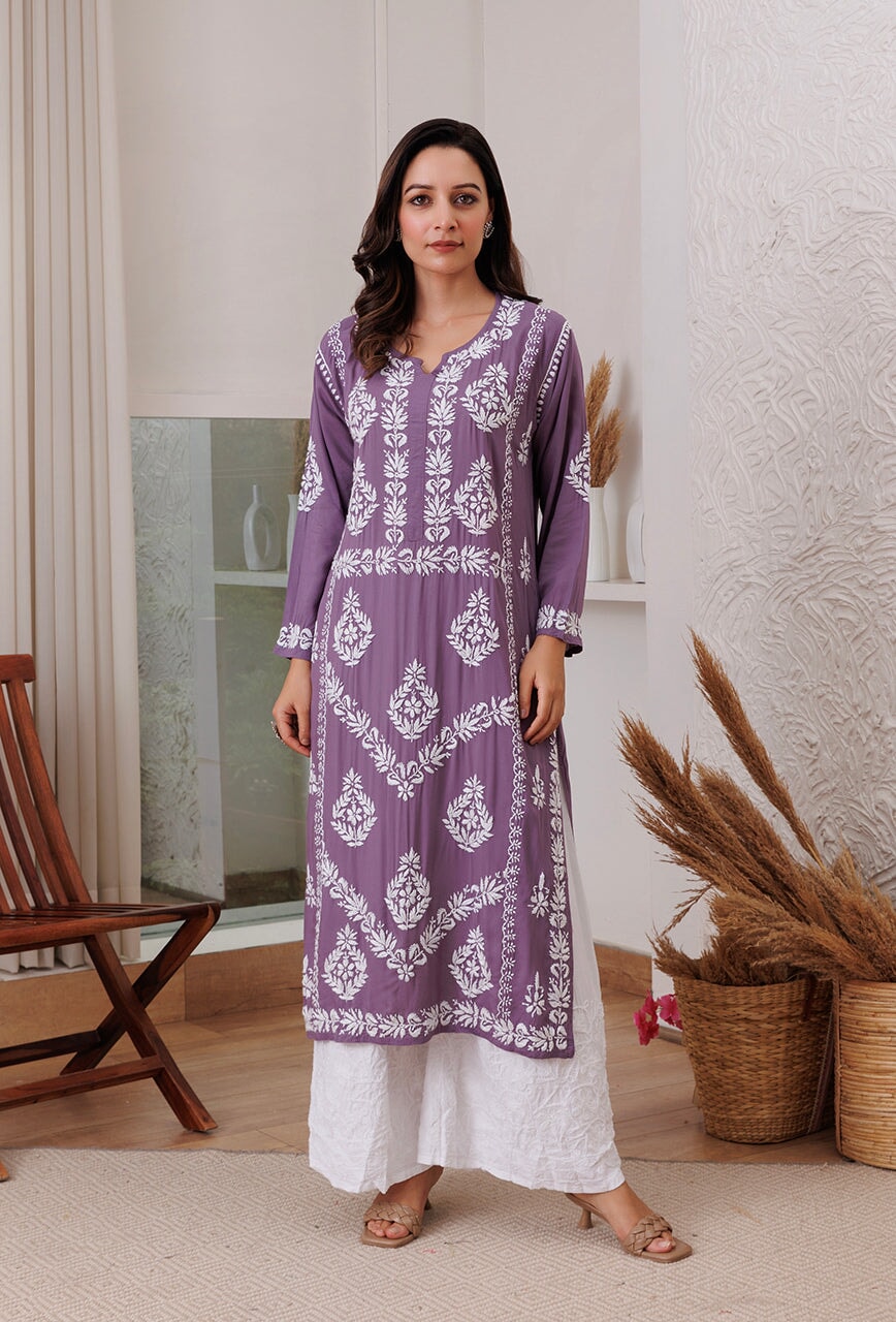 Zadia chikankari Modal kurta RangrezaEthnic Wine XS 