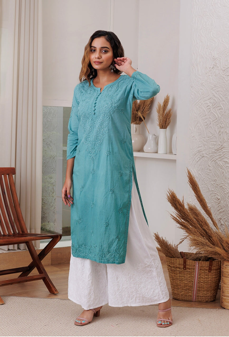 Mia dobby cotton kurta RangrezEthnic Teal XS 