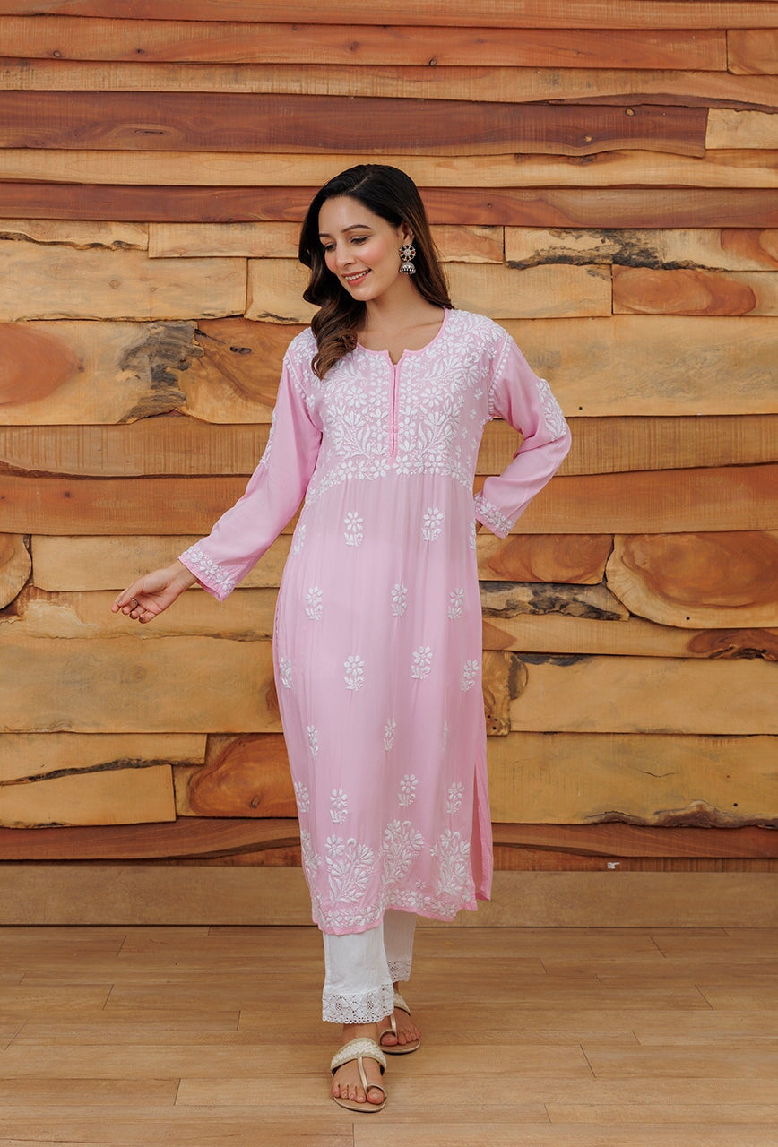 Lolita chikankari Modal kurta RangrezaEthnic Baby pink XS 