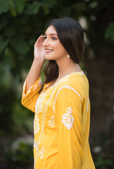 Sunehri women yellow chikankari Modal kurta