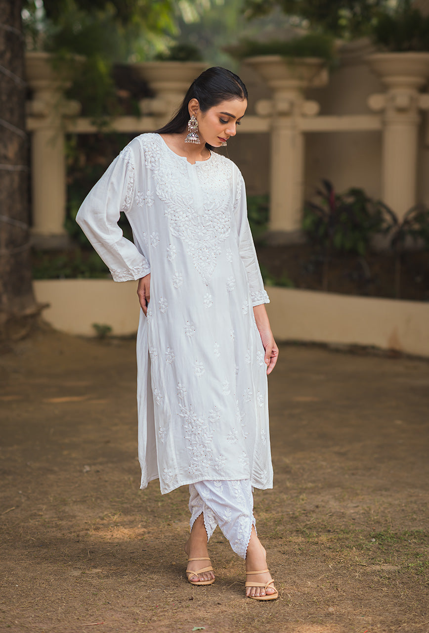 Rosy women white chikankari Muslin mukaish kurta