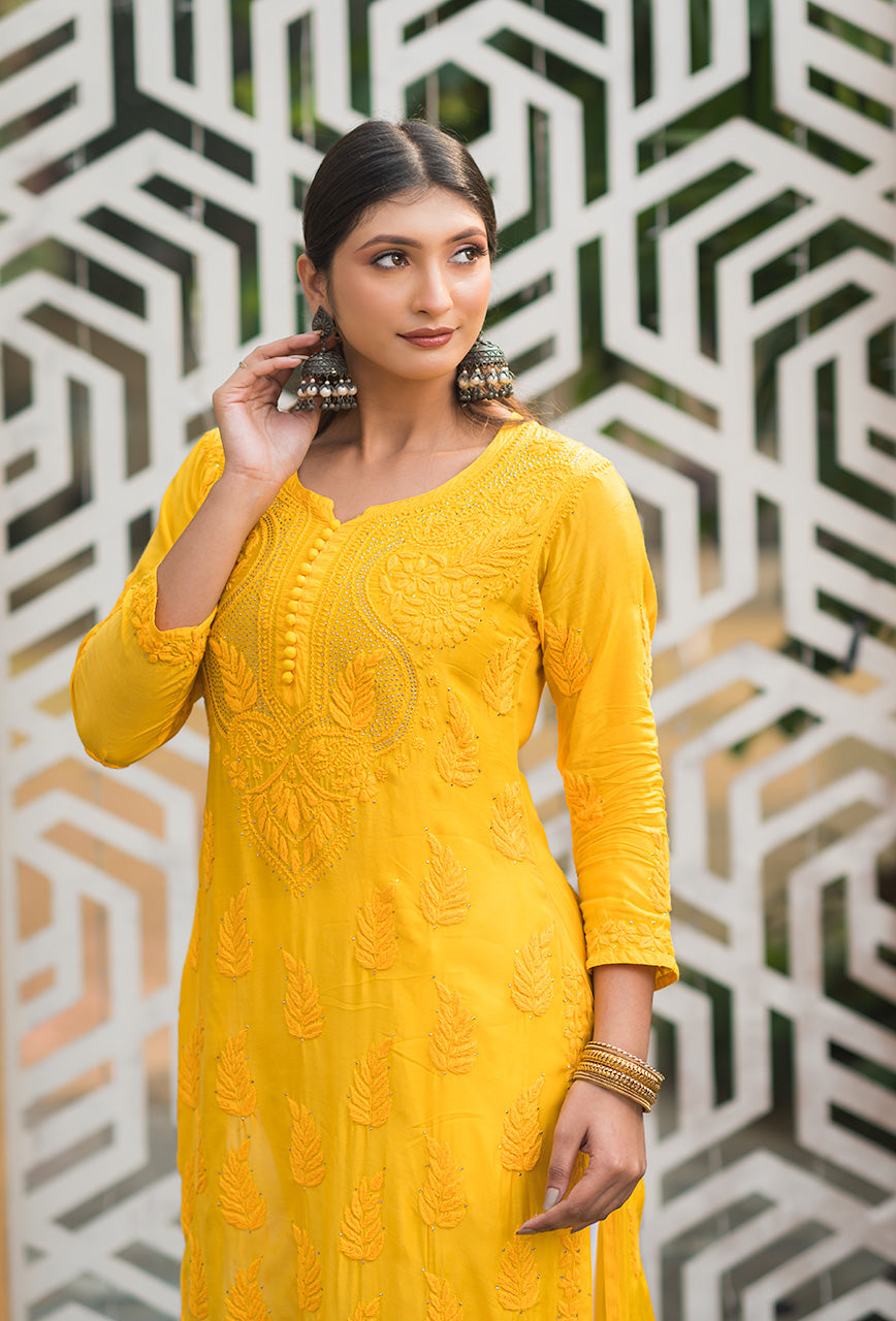 Chandni women yellow chikankari Muslin mukaish kurta