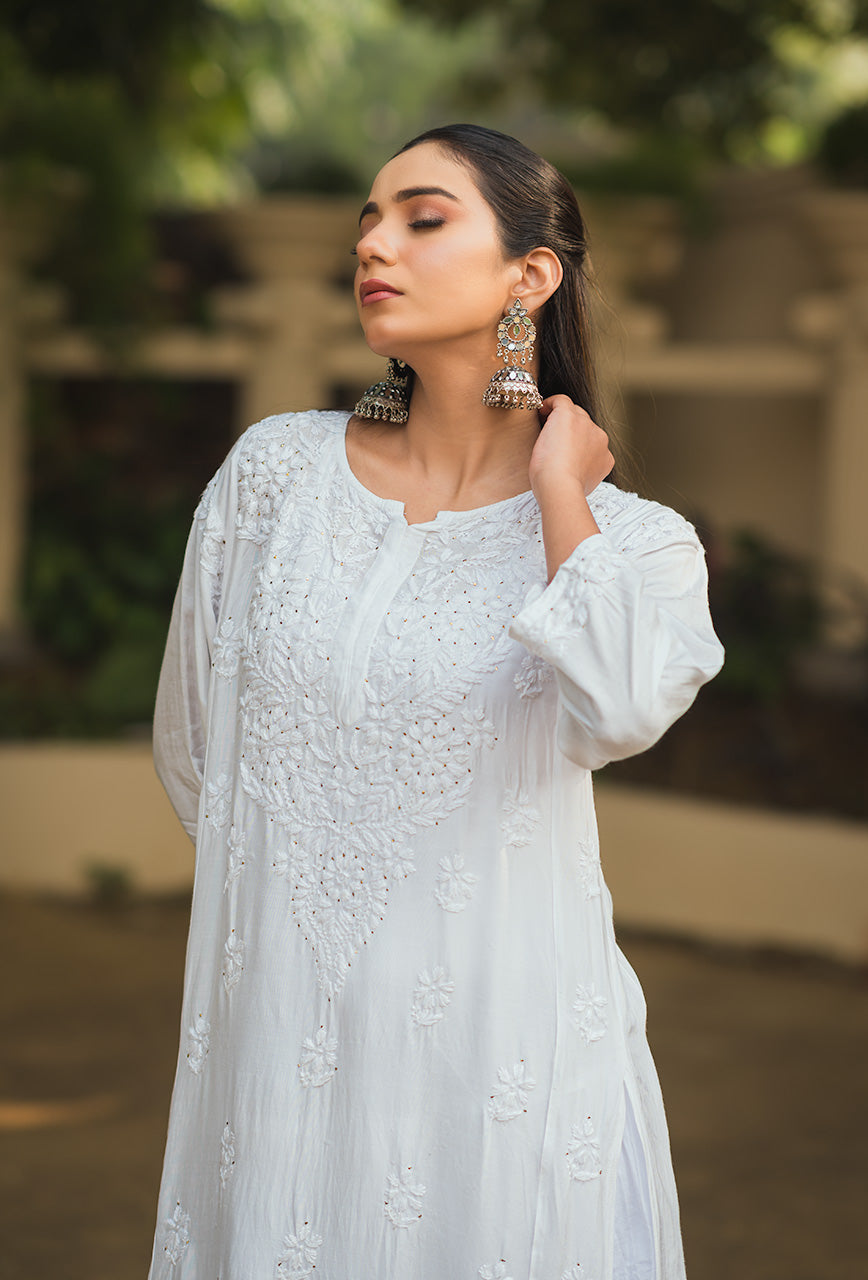 Rosy women white chikankari Muslin mukaish kurta