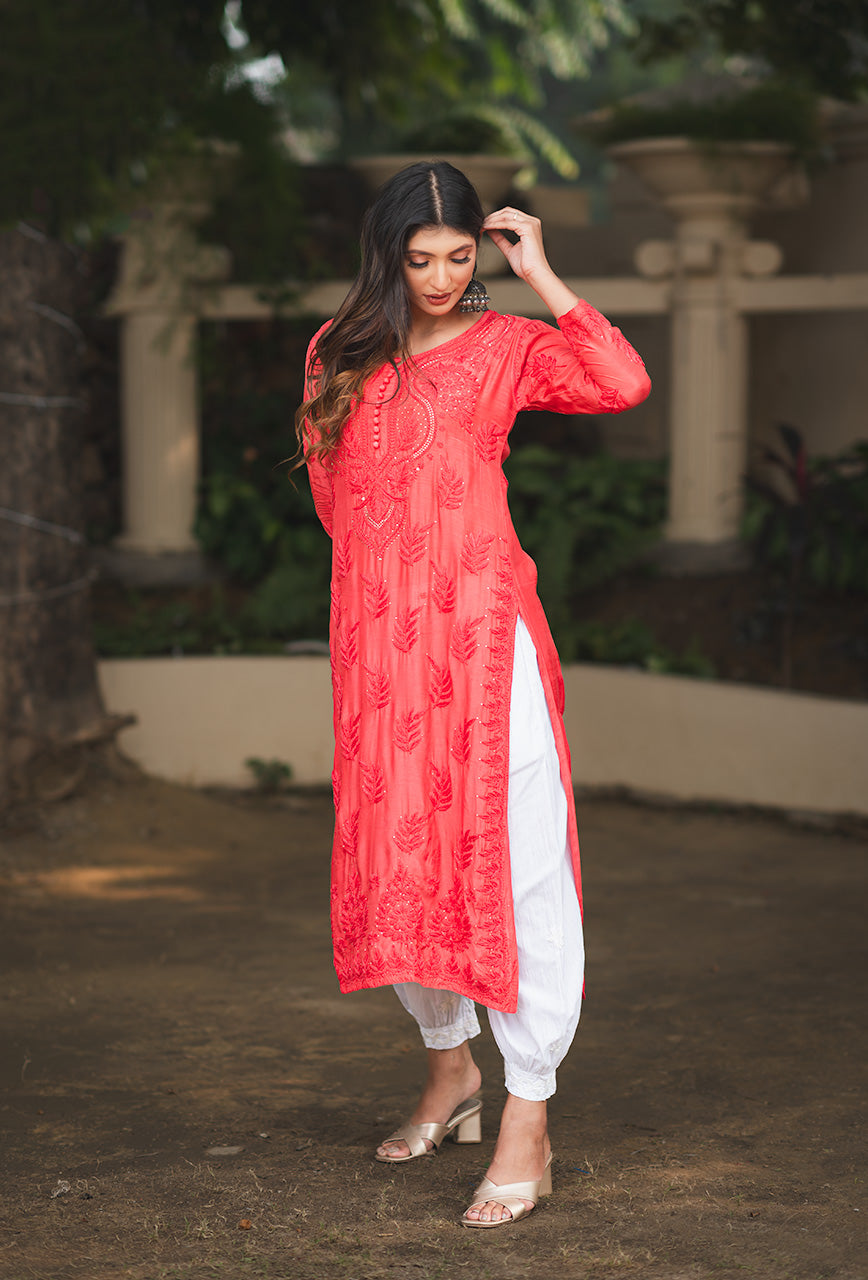 Chandni women watermelon pink chikankari Muslin mukaish kurta