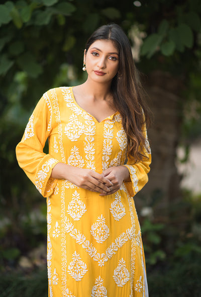 Sunehri women yellow chikankari Modal kurta