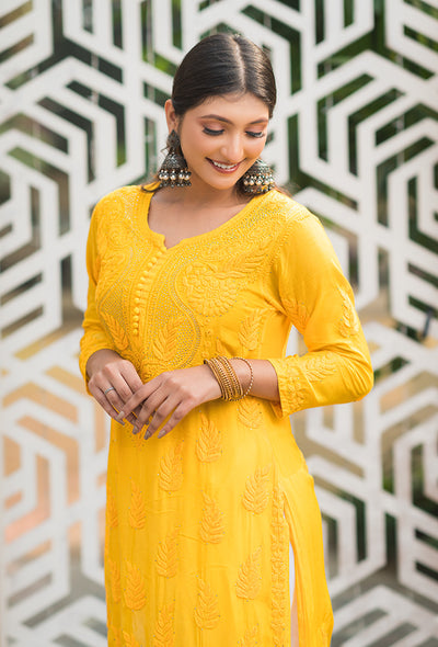 Chandni women yellow chikankari Muslin mukaish kurta