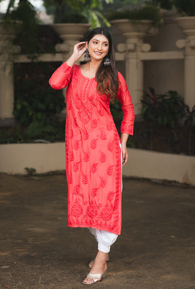 Chandni women watermelon pink chikankari Muslin mukaish kurta