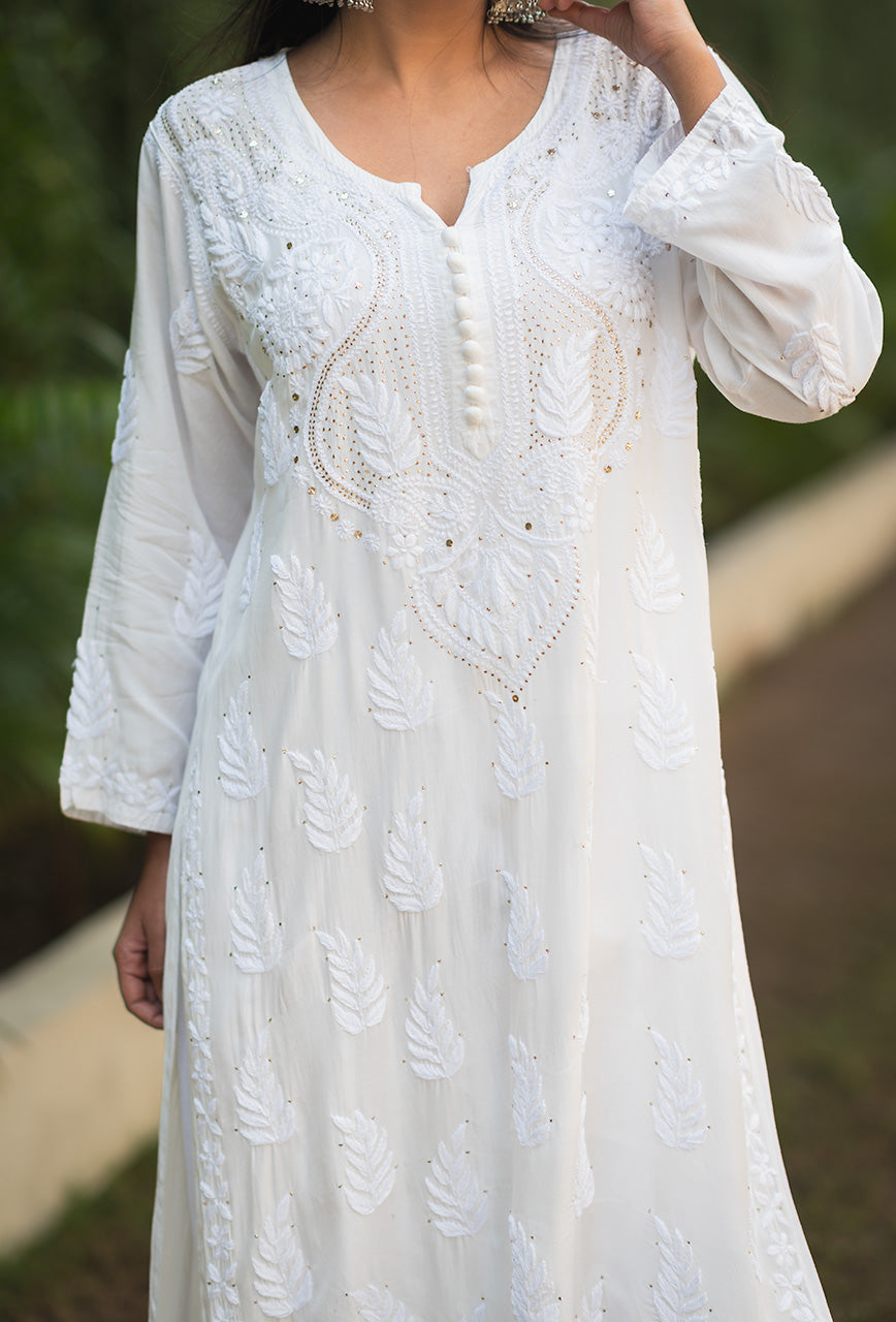 Chandni white chikankari Muslin mukaish kurta