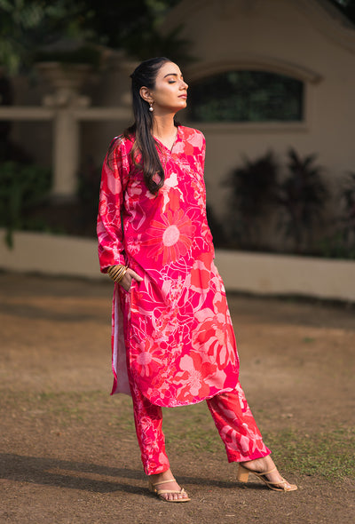 Pink print velvet kurta set