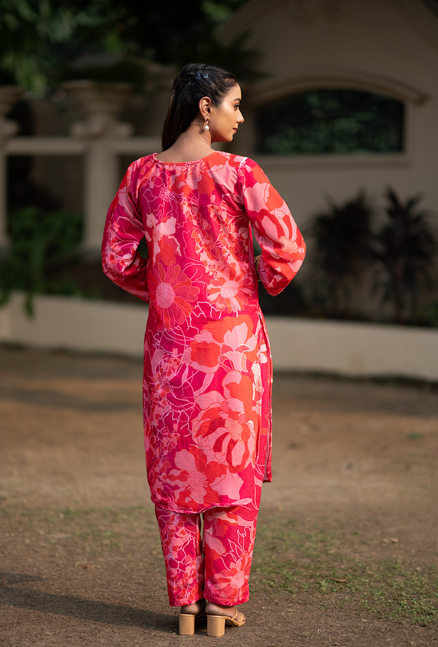 Pink print velvet kurta set