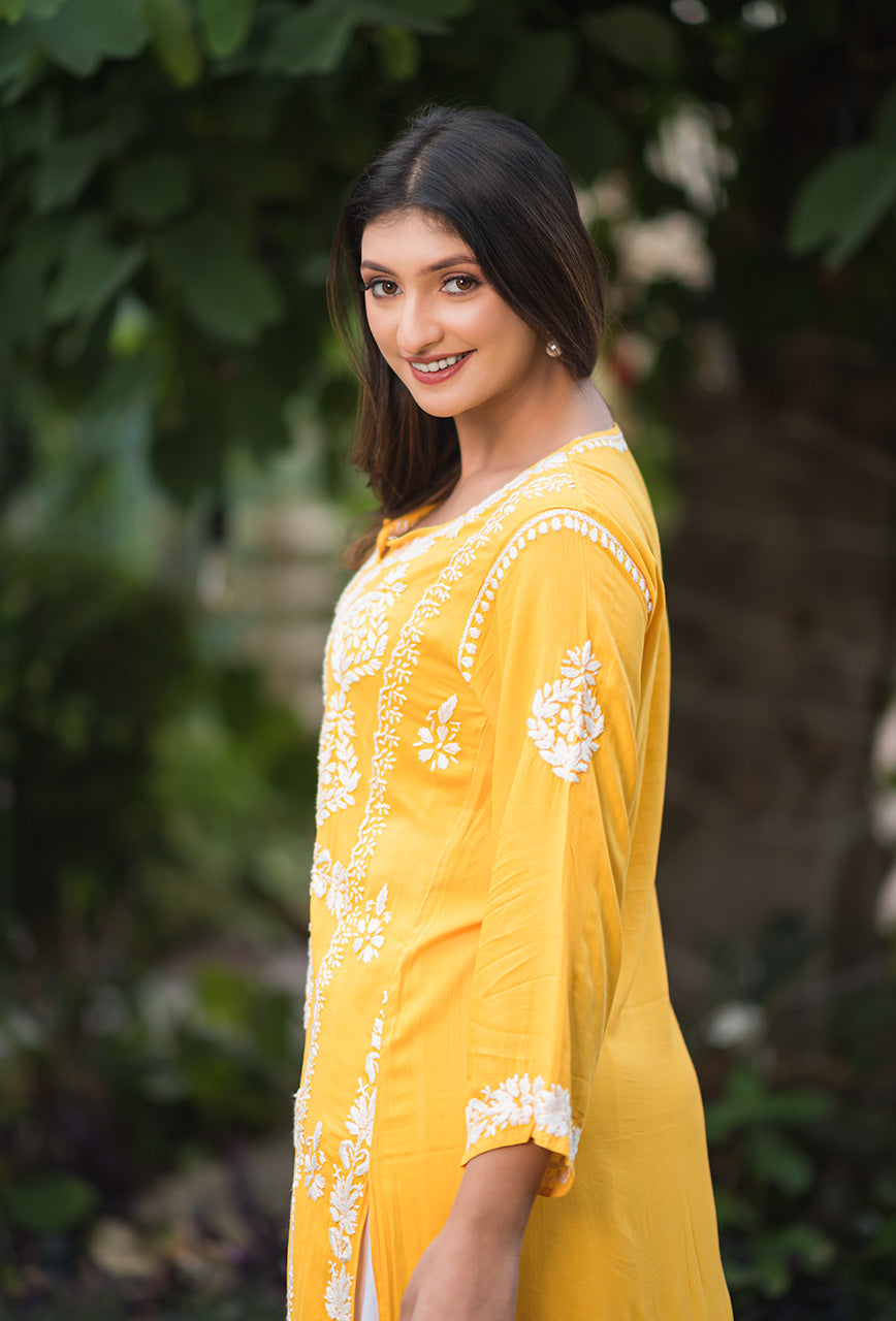 Sunehri women yellow chikankari Modal kurta