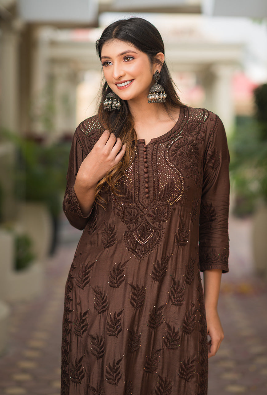 Chandni brown chikankari Muslin mukaish kurta