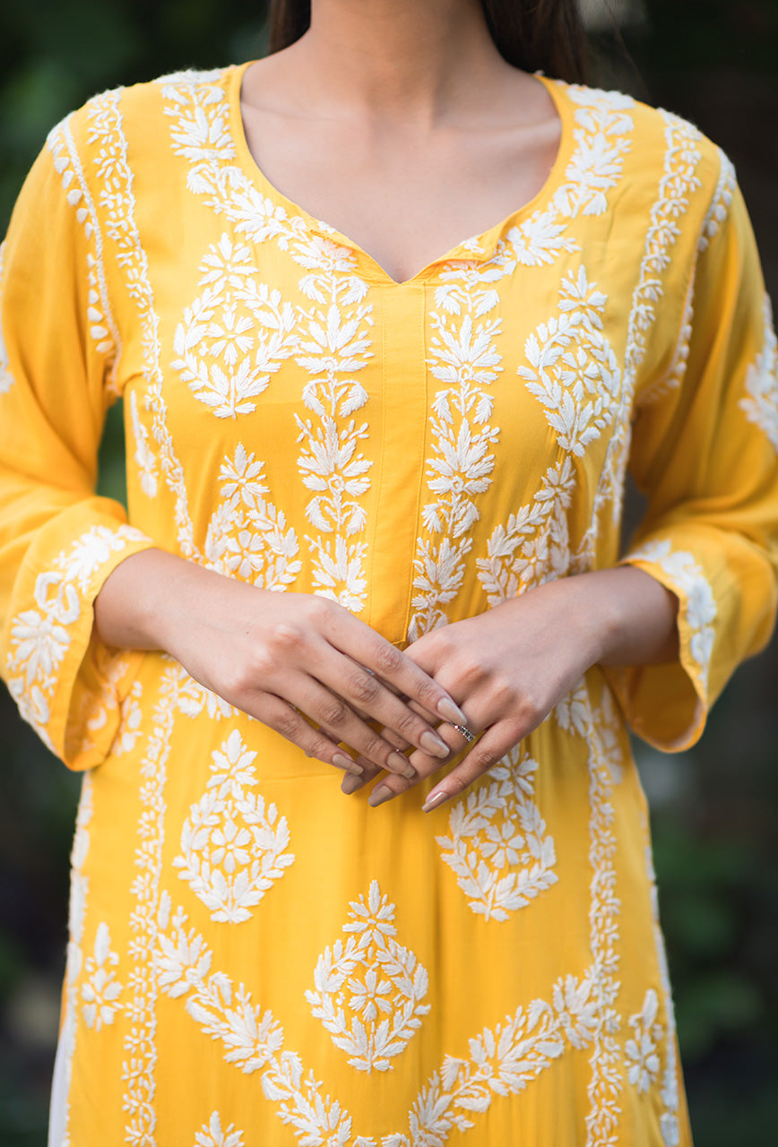 Sunehri women yellow chikankari Modal kurta