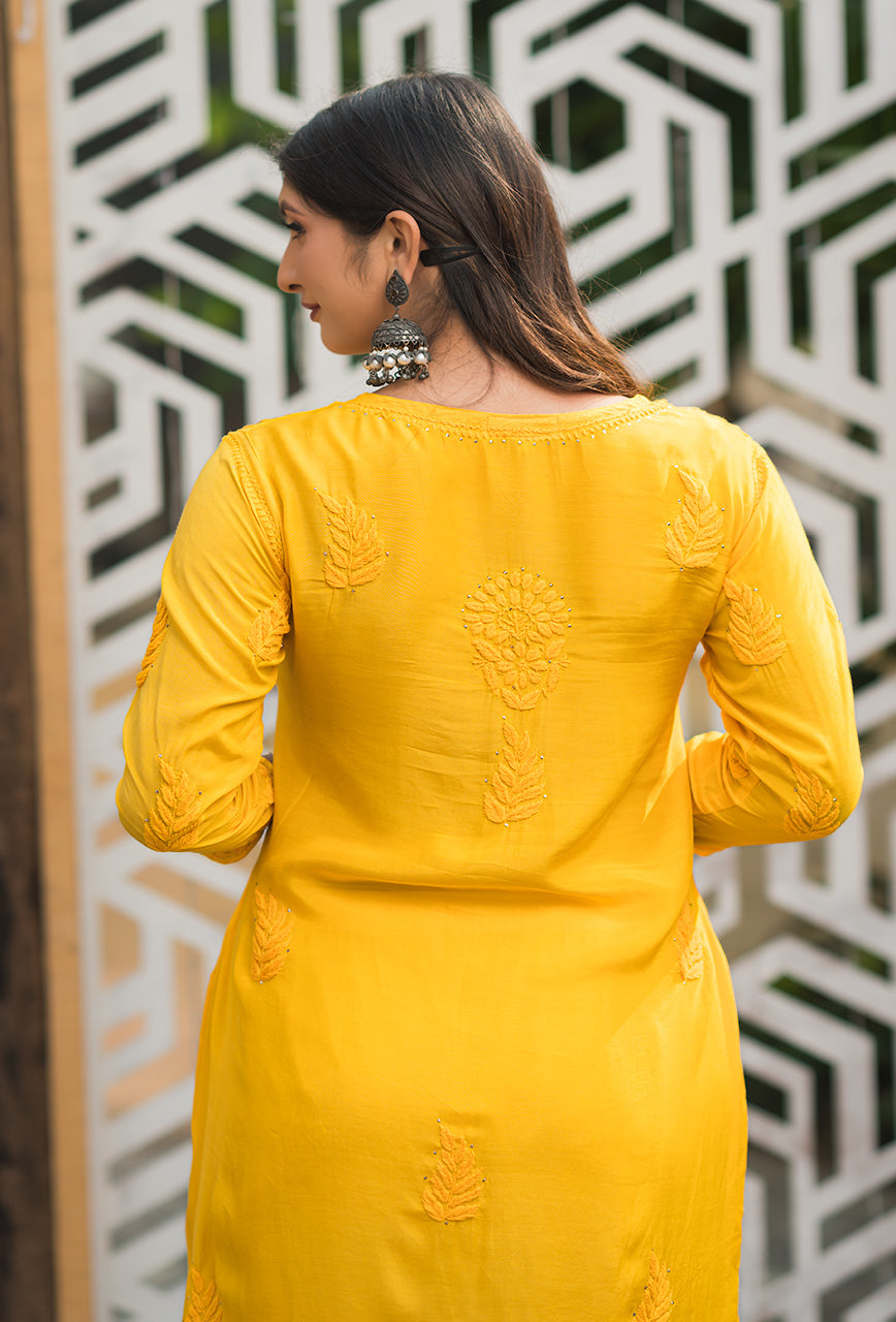 Chandni women yellow chikankari Muslin mukaish kurta