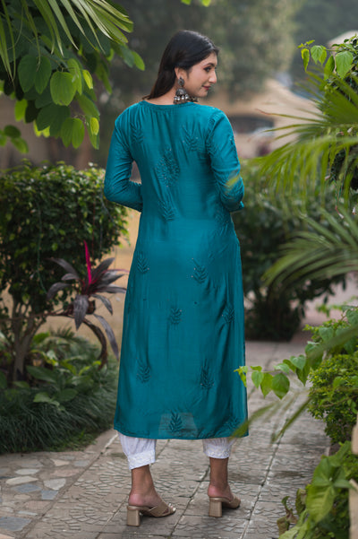 Chandni women teal chikankari Muslin mukaish kurta