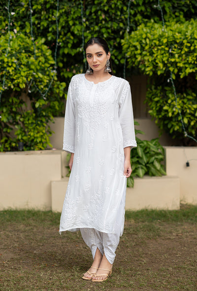 Rosy women white chikankari Muslin mukaish kurta