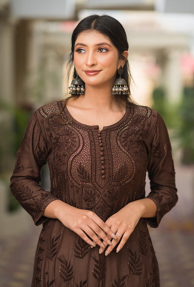 Chandni brown chikankari Muslin mukaish kurta