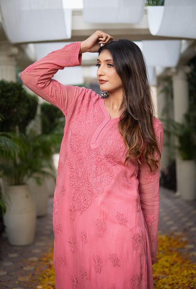 Mehrun women watermelon pink chikankari Viscose kurta