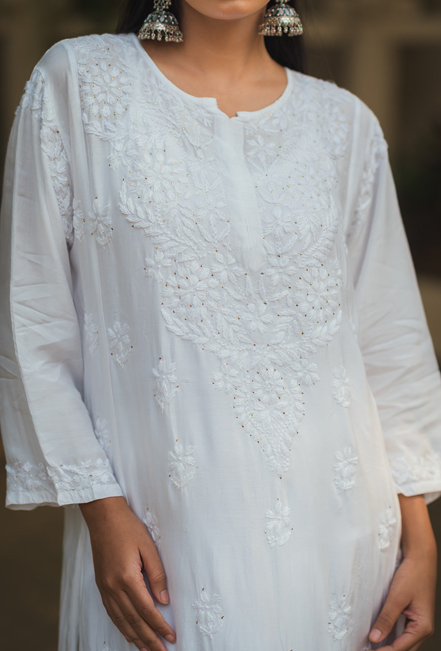 Rosy women white chikankari Muslin mukaish kurta