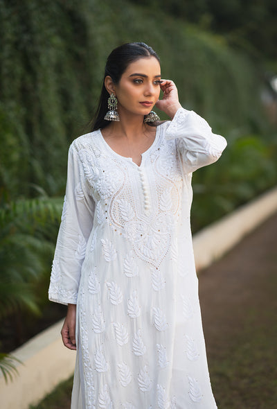 Chandni white chikankari Muslin mukaish kurta