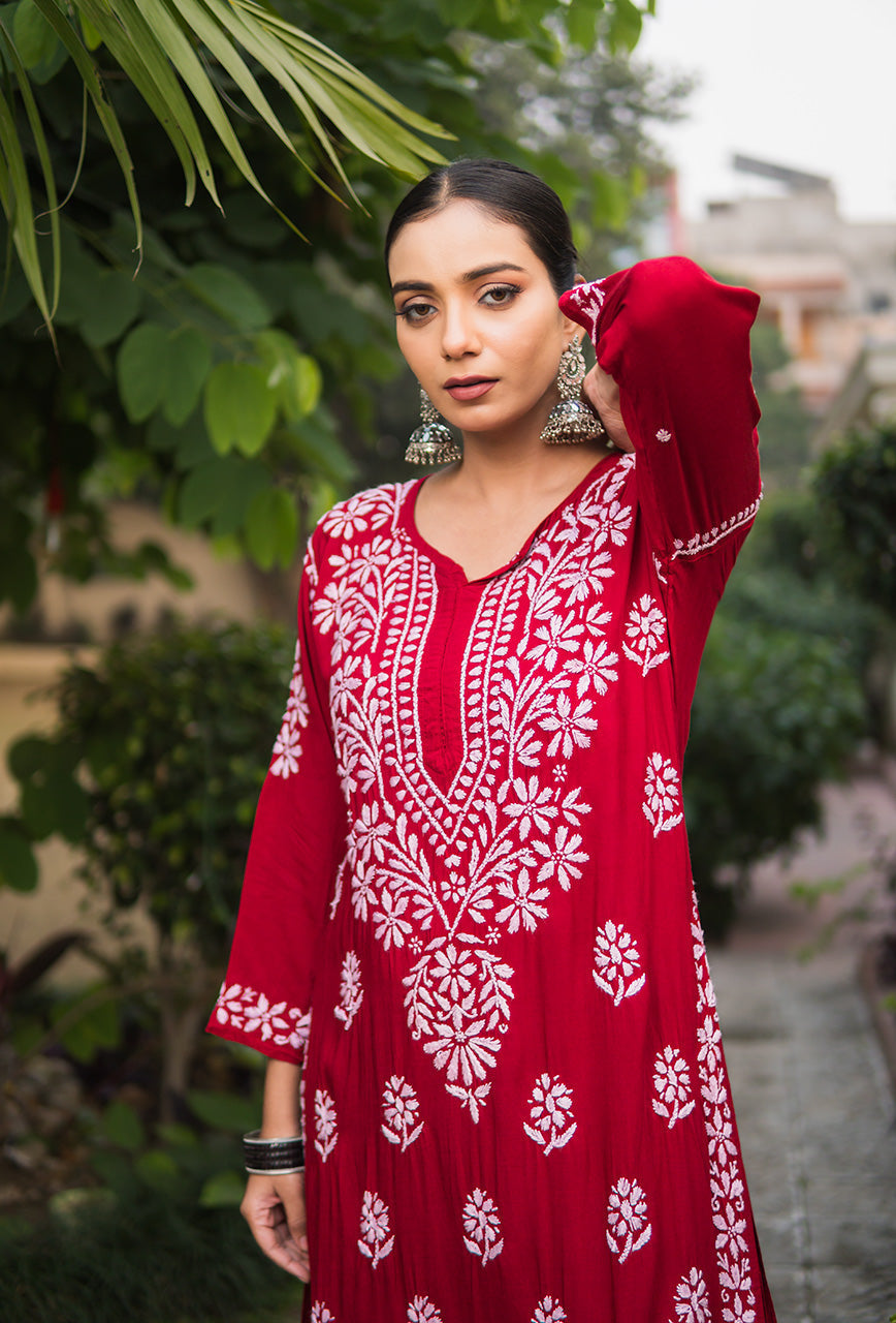 Kashaf women maroon chikankari modal set