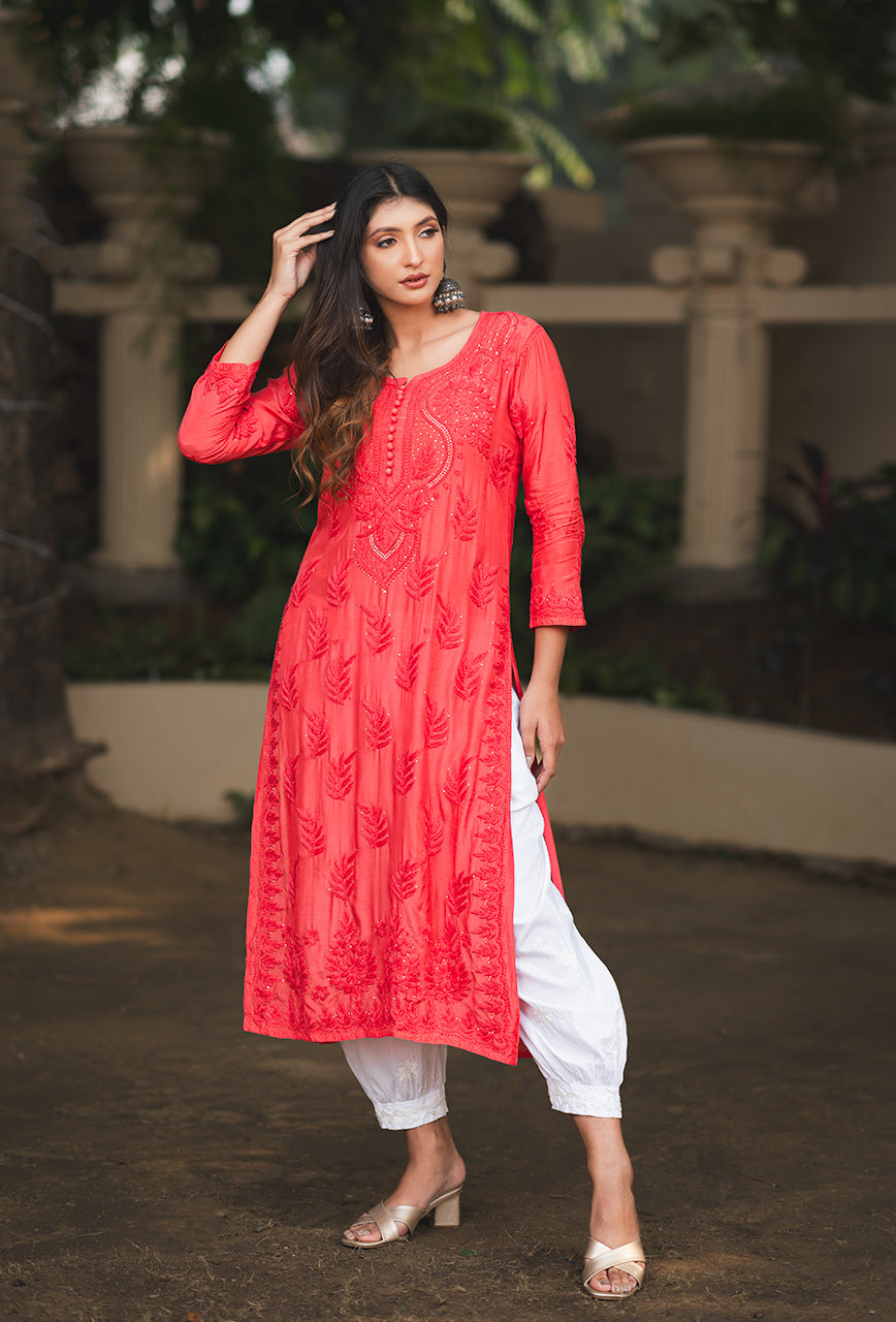 Chandni women watermelon pink chikankari Muslin mukaish kurta