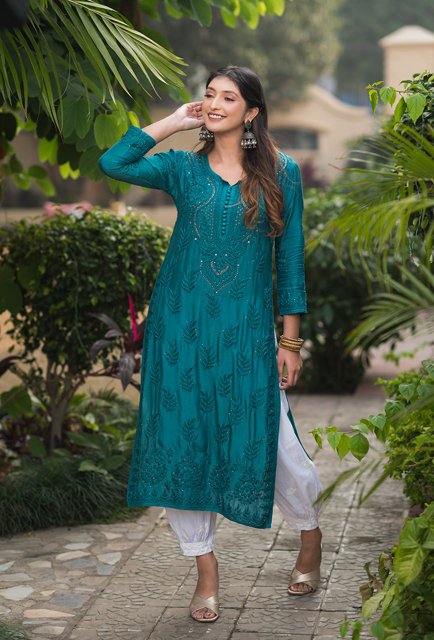 Chandni women teal chikankari Muslin mukaish kurta