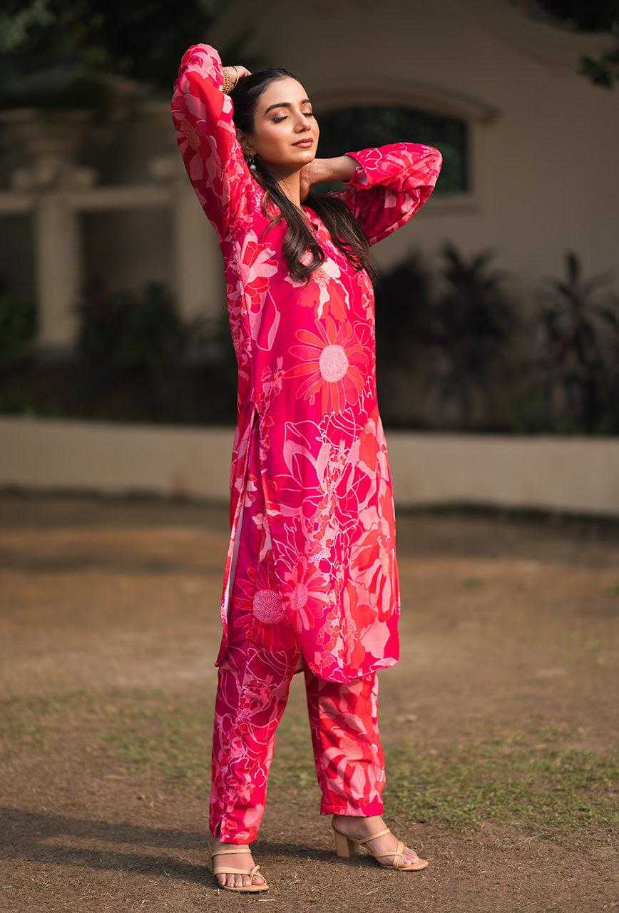 Pink print velvet kurta set