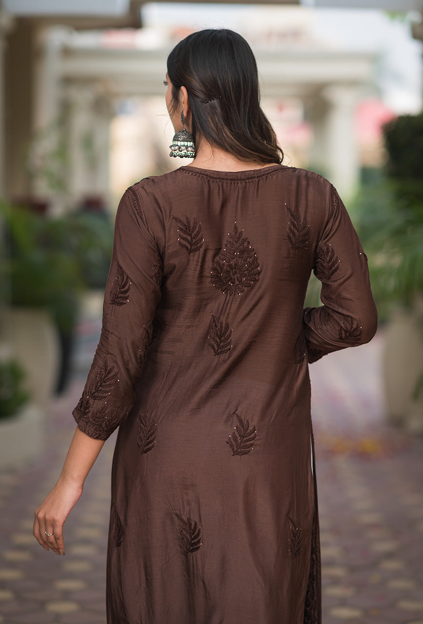 Chandni brown chikankari Muslin mukaish kurta