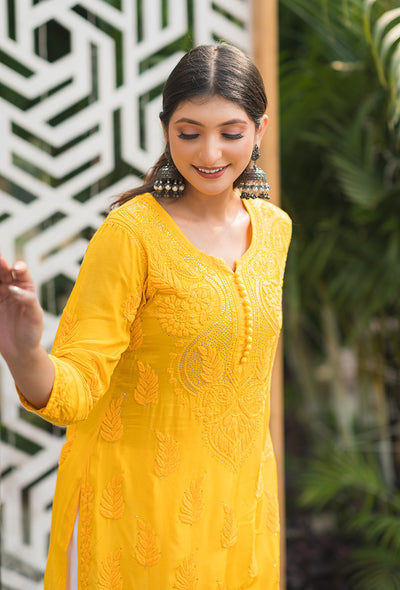 Chandni women yellow chikankari Muslin mukaish kurta