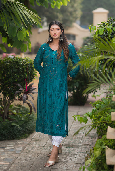 Chandni women teal chikankari Muslin mukaish kurta