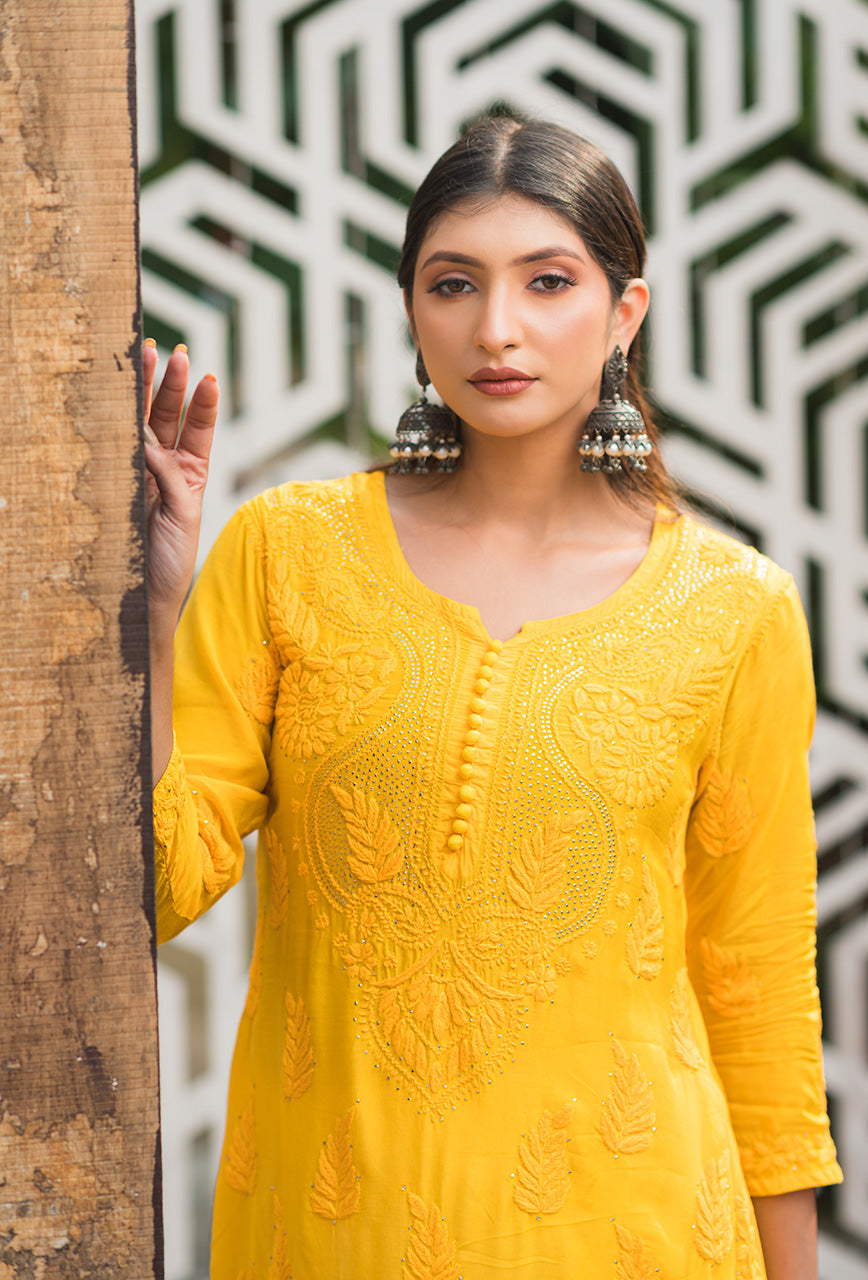 Chandni women yellow chikankari Muslin mukaish kurta