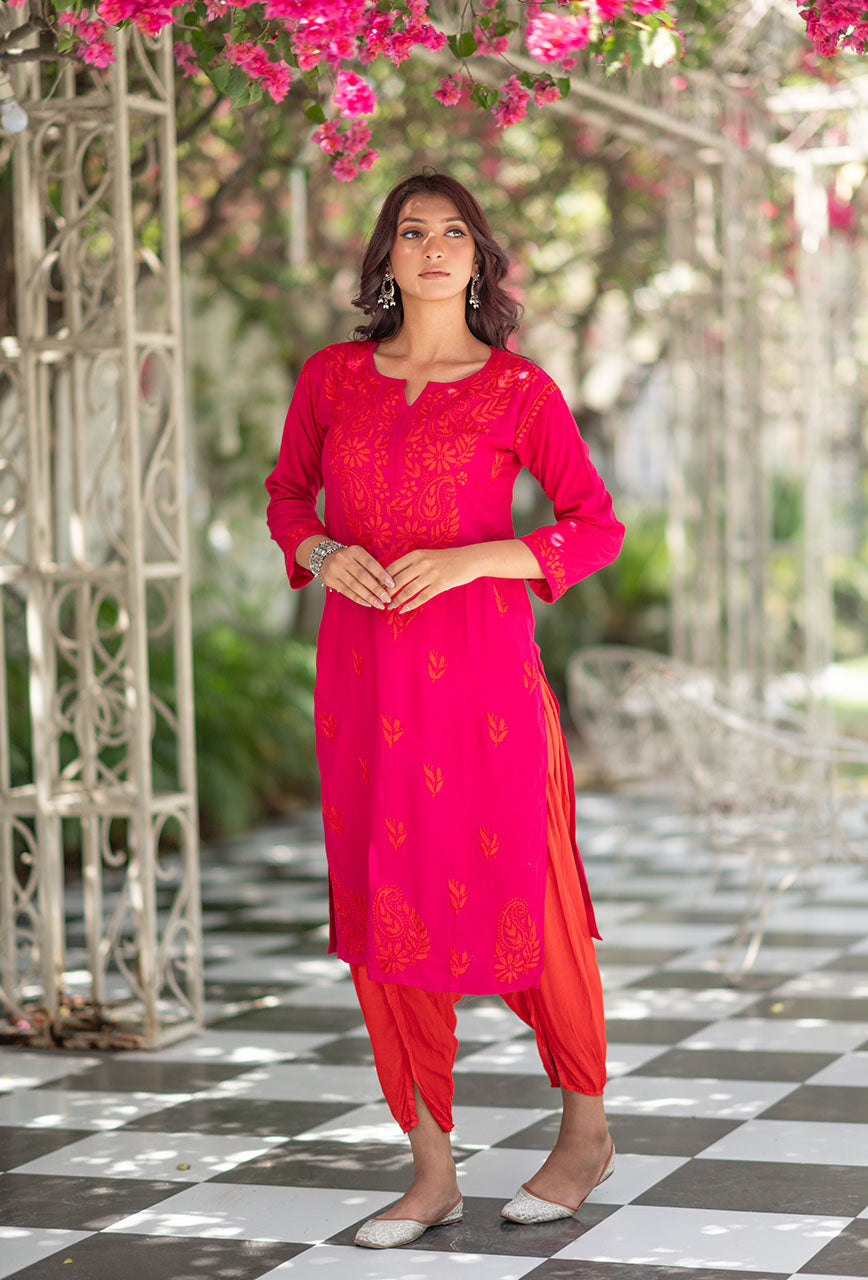 Laal gulabi rayon dhoti set