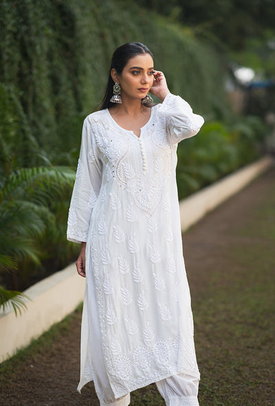 Chandni white chikankari Muslin mukaish kurta