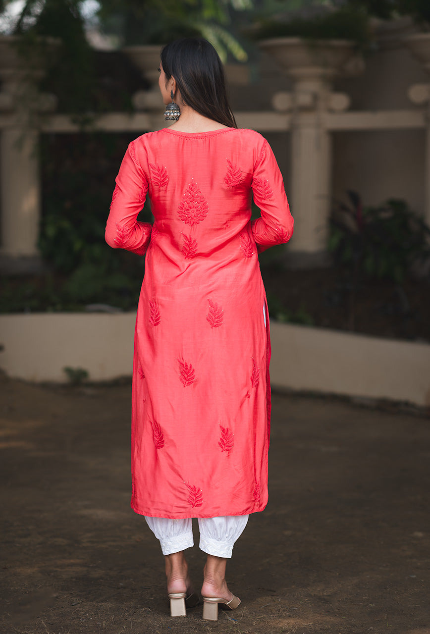 Chandni women watermelon pink chikankari Muslin mukaish kurta