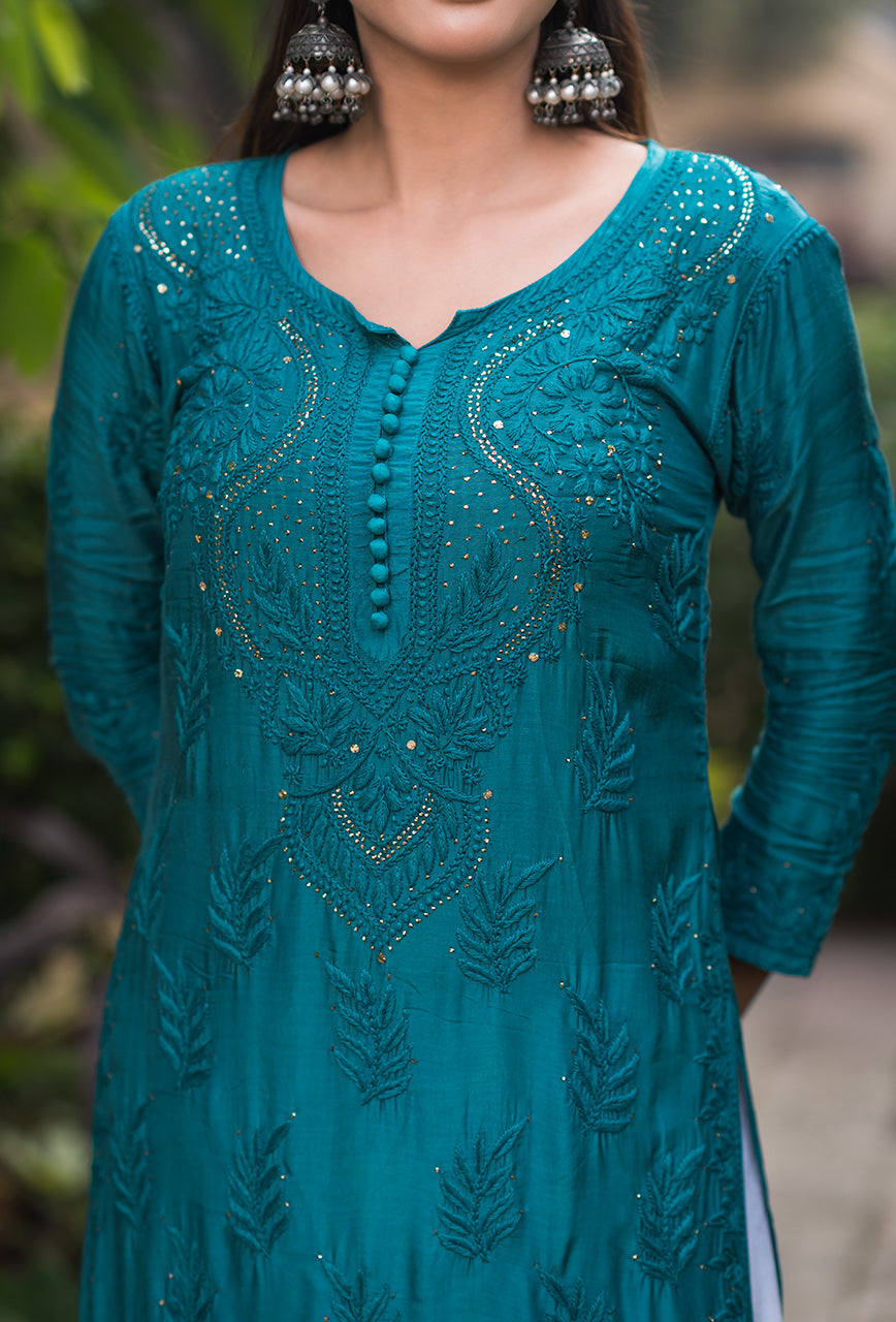 Chandni women teal chikankari Muslin mukaish kurta