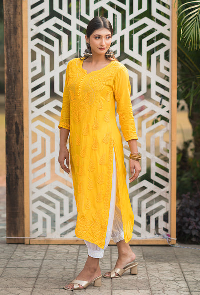 Chandni women yellow chikankari Muslin mukaish kurta