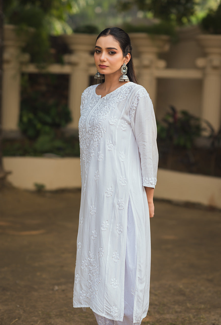 Rosy women white chikankari Muslin mukaish kurta