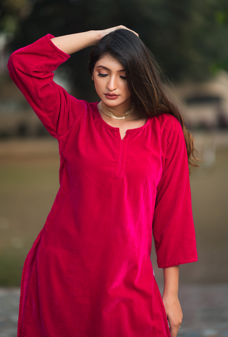 Pink velvet kurta set